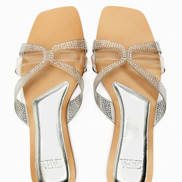 ZARA FLAT VINYL SLIDER SANDALS WITH RHINESTONES CLEAR SIZE 6 | 3656/110 - Picture 4 of 4